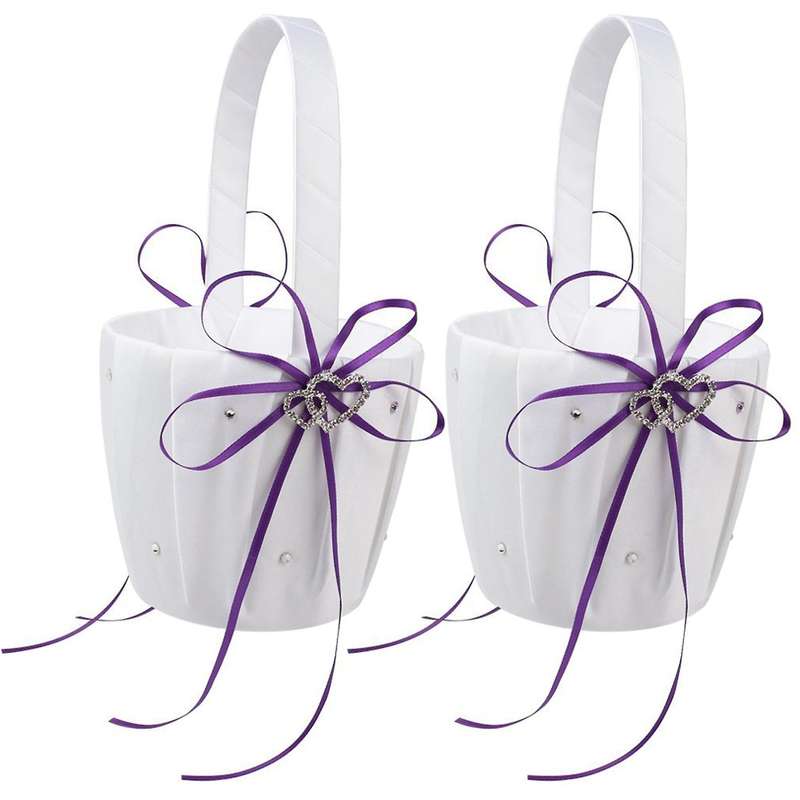 Double Heart Basket White Satin Rhinestone Decor Purple Wedding Party