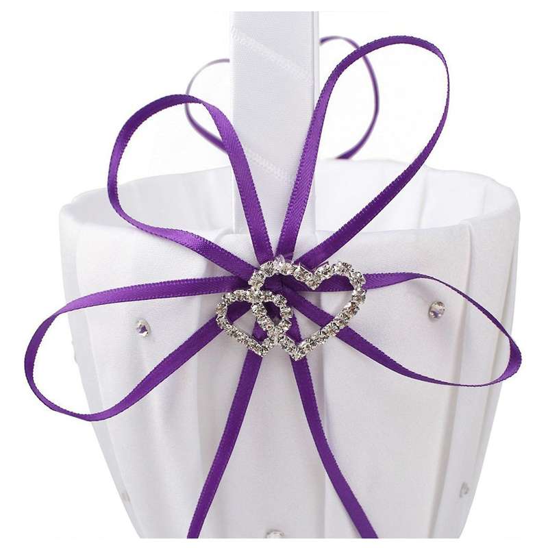 Double Heart Basket White Satin Rhinestone Decor Purple Wedding Party