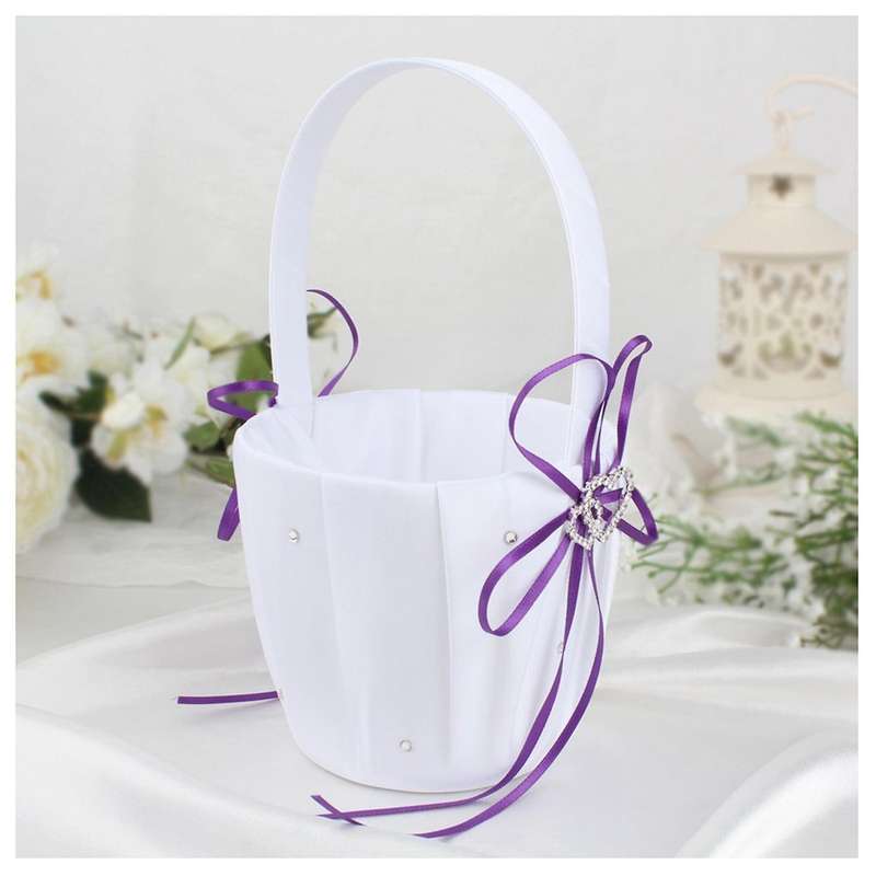Double Heart Basket White Satin Rhinestone Decor Purple Wedding Party