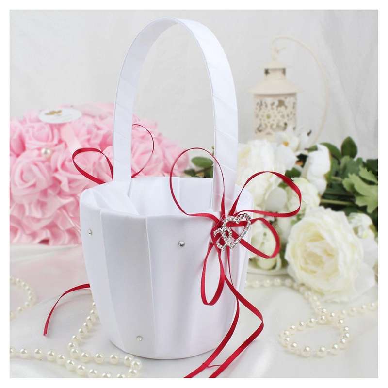 2x Double Heart Basket White Satin Rhinestone Decor Red Wedding Party