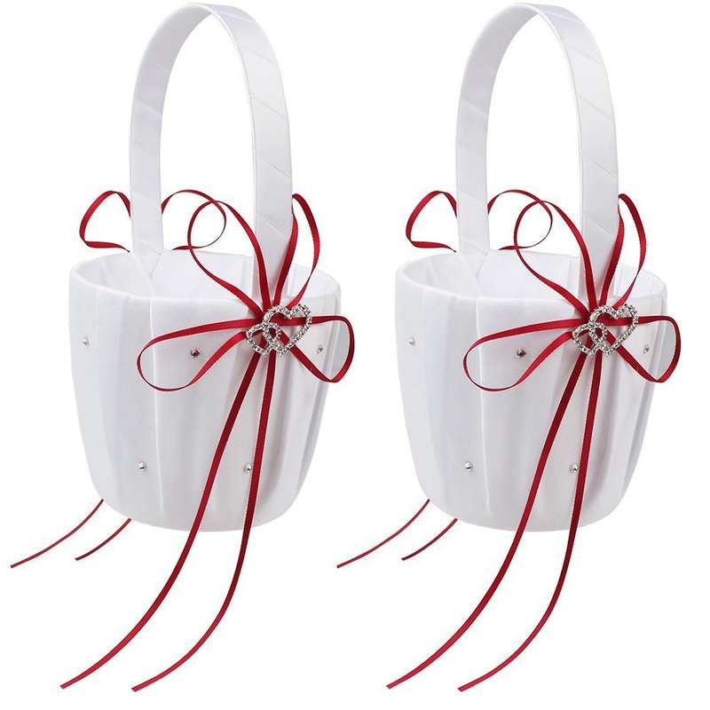 2x Double Heart Basket White Satin Rhinestone Decor Red Wedding Party