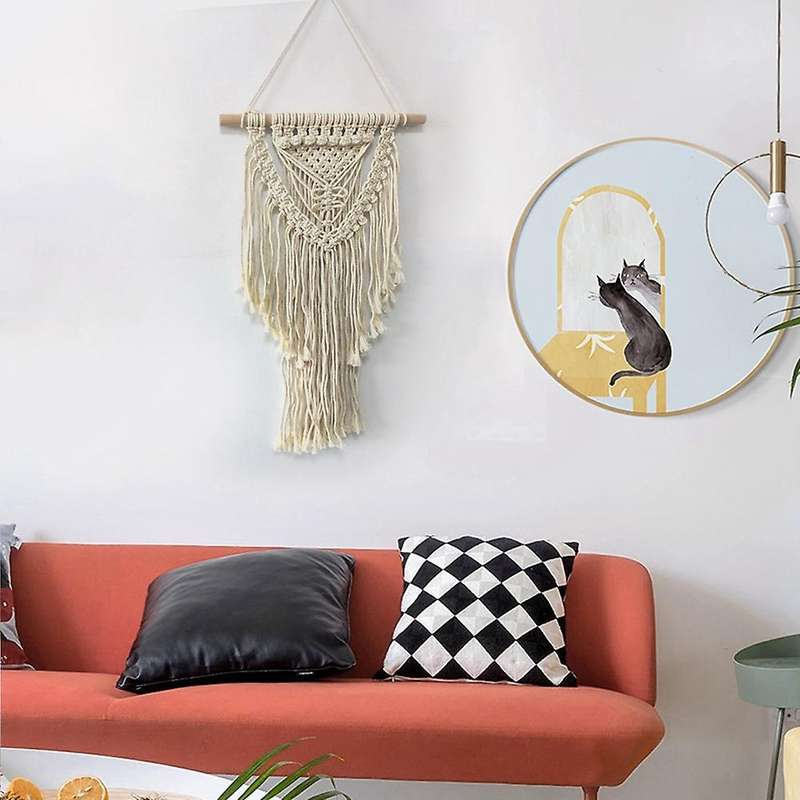 Macrame Boho Wall Hanging Decor, Geometric Tapestry with Long Tassel