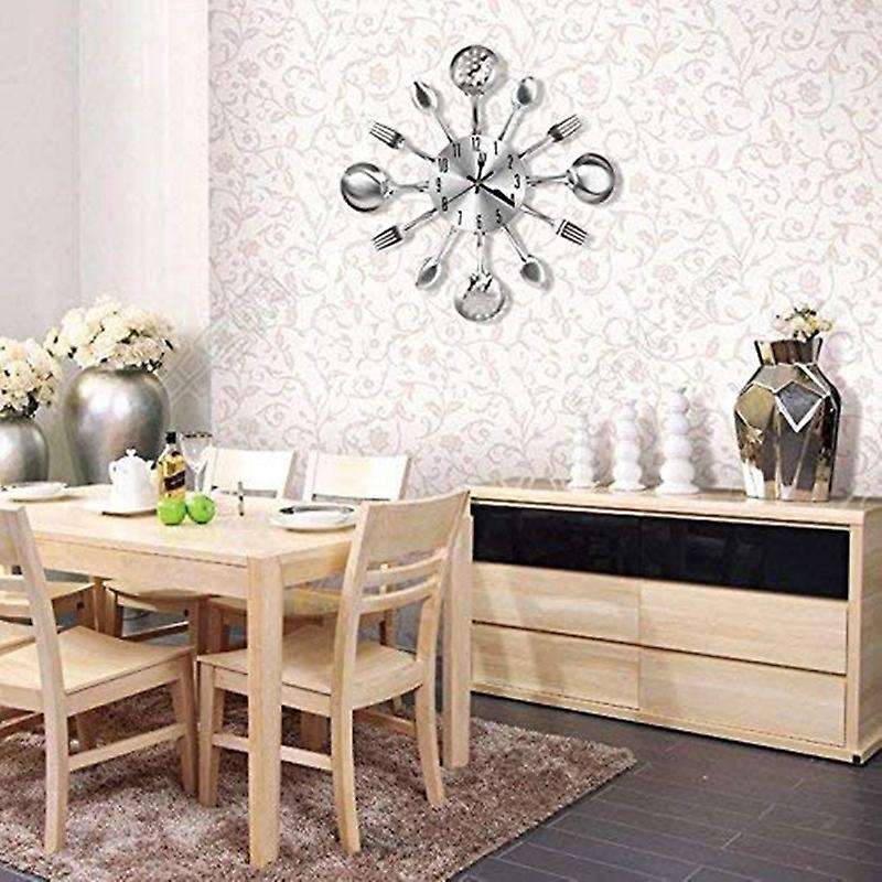 Metal Kitchen Cutlery Wall Clock 14 Inch for Home Decor,silver