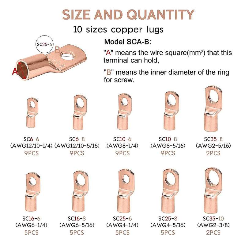 Copper Wire Terminal Connectors, Awg 2 4 6 8 10 12 Ring Lug Kit
