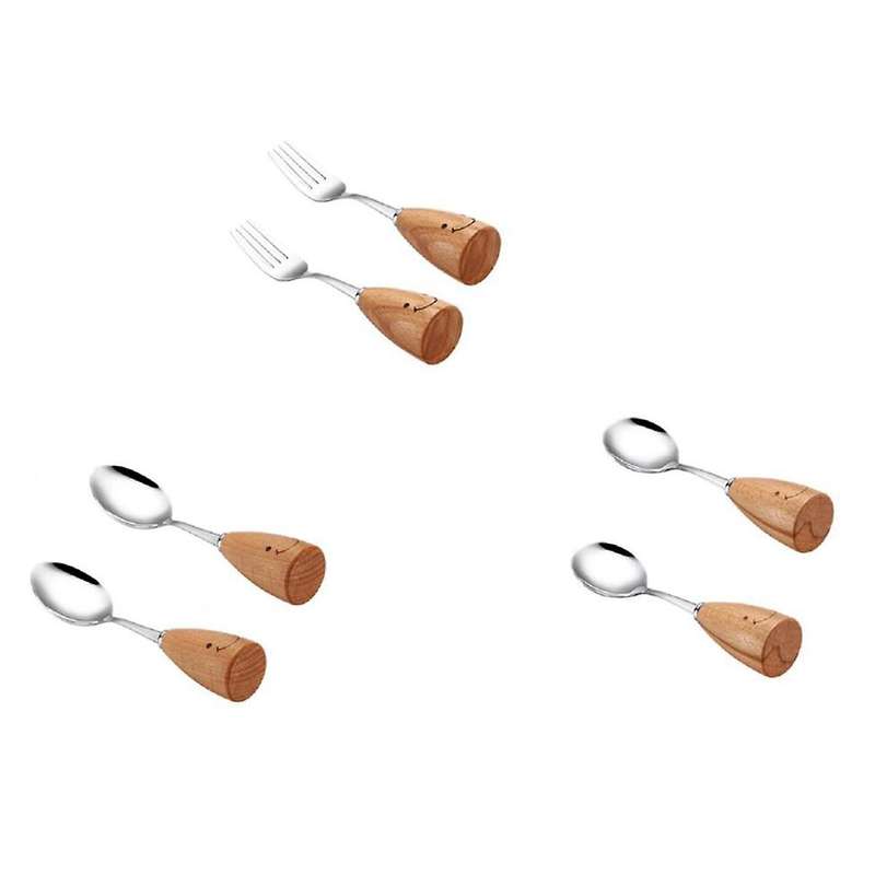 1 Set Wooden Handle Smile Face Tableware Set Children's Tableware