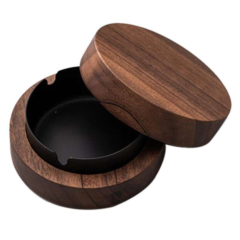 Walnut Ashtray with Lids Windproof Wooden Ashtray(black)