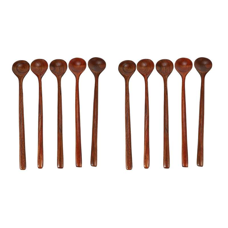 5 Pieces Korean Style Natural Natural Wood Long Handle Round Spoons