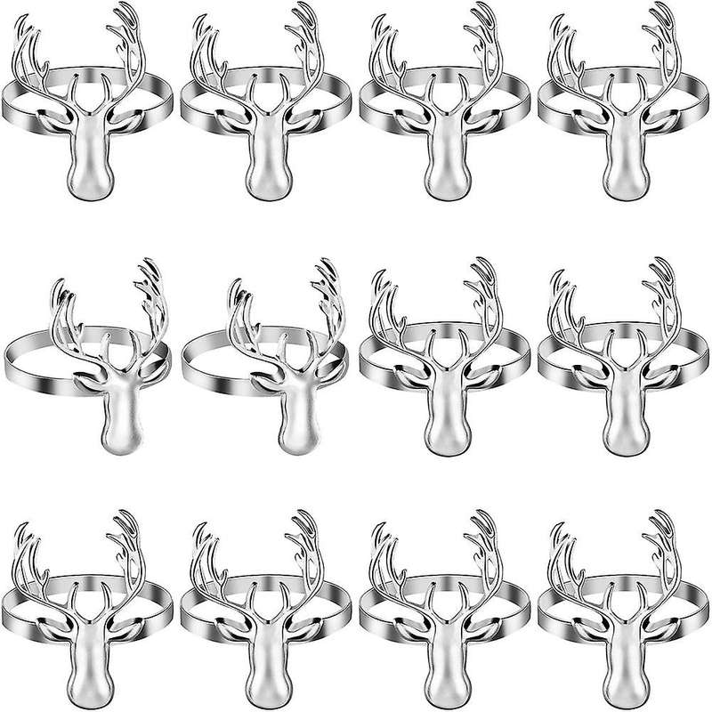 Deer Napkin Rings Retro for Christmas Party Decoration (silver,12pcs)
