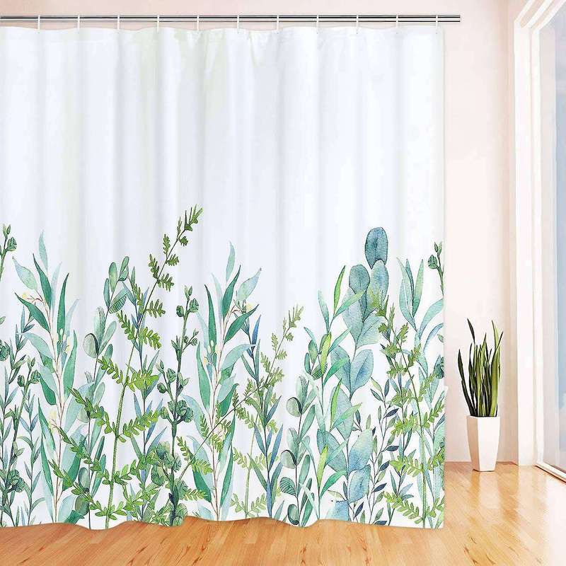 Shower Curtain with 12 Hooks Children Bathtub, 180x180cm White Green