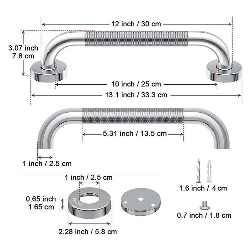 12-inch Non-slip Shower Grab Bar Chrome-plated Stainless Steel