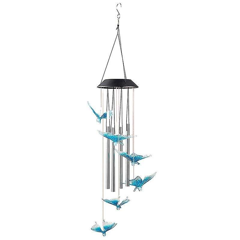 Blue Butterfly Solar Wind Chimes for Outside - with 4 Aluminum Tubes