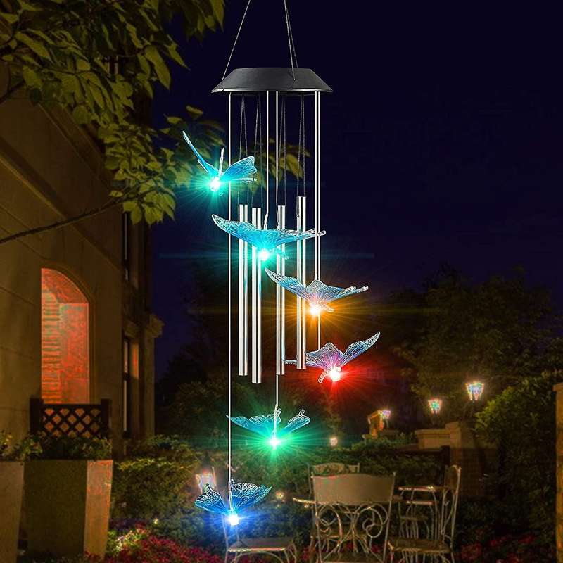 Blue Butterfly Solar Wind Chimes for Outside - with 4 Aluminum Tubes