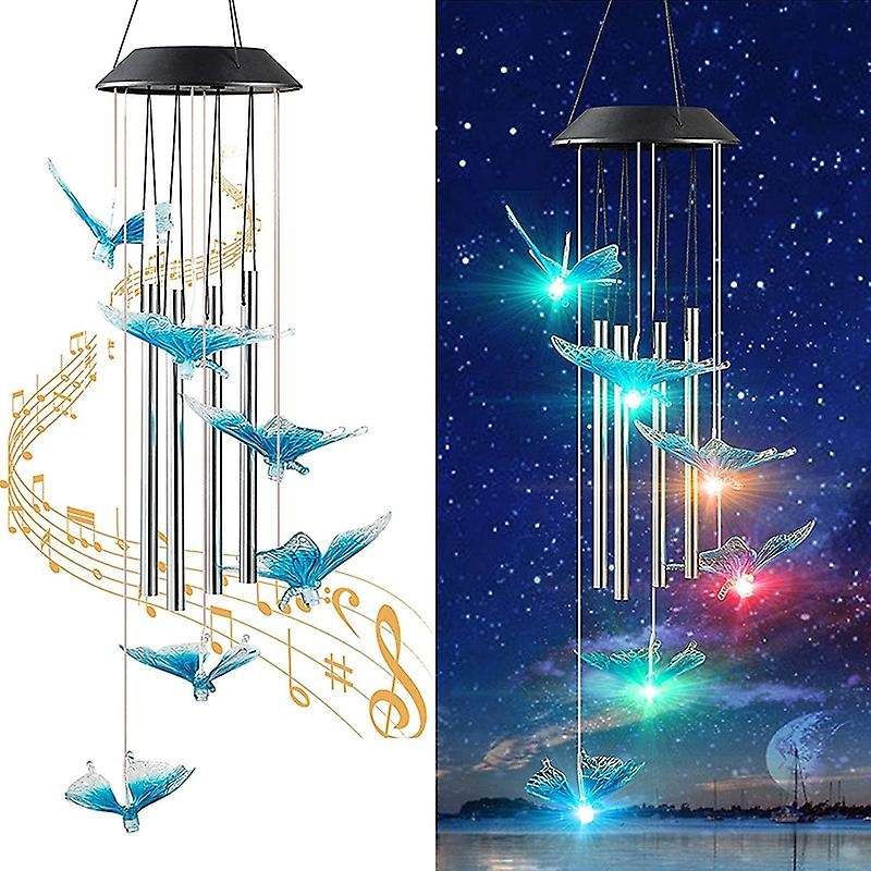 Blue Butterfly Solar Wind Chimes for Outside - with 4 Aluminum Tubes