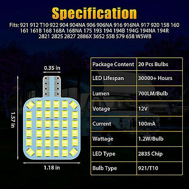 20x Super Bright T10/921/194 6000k White 36 Led Rv Trailer Interior