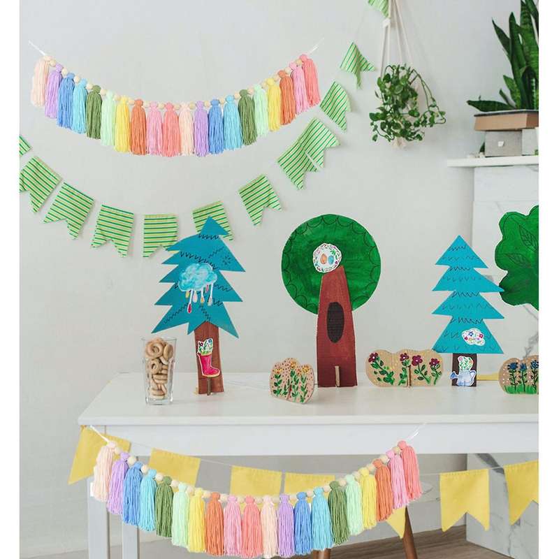 2x 37inch Rainbow Tassel Garland with Wood Bead for Bedroom Decor