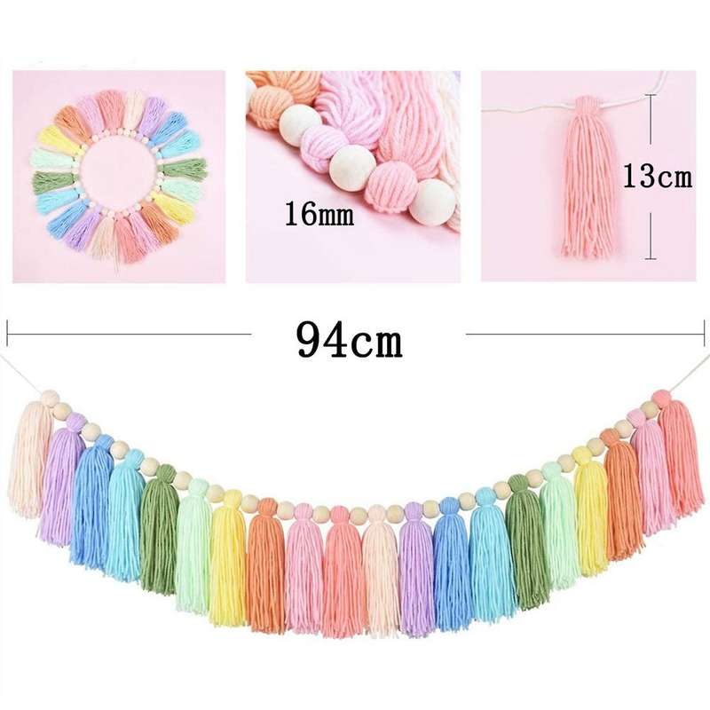 2x 37inch Rainbow Tassel Garland with Wood Bead for Bedroom Decor