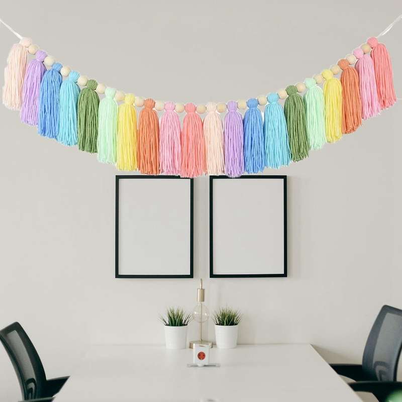 2x 37inch Rainbow Tassel Garland with Wood Bead for Bedroom Decor