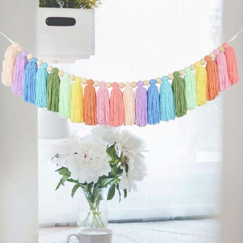 2x 37inch Rainbow Tassel Garland with Wood Bead for Bedroom Decor