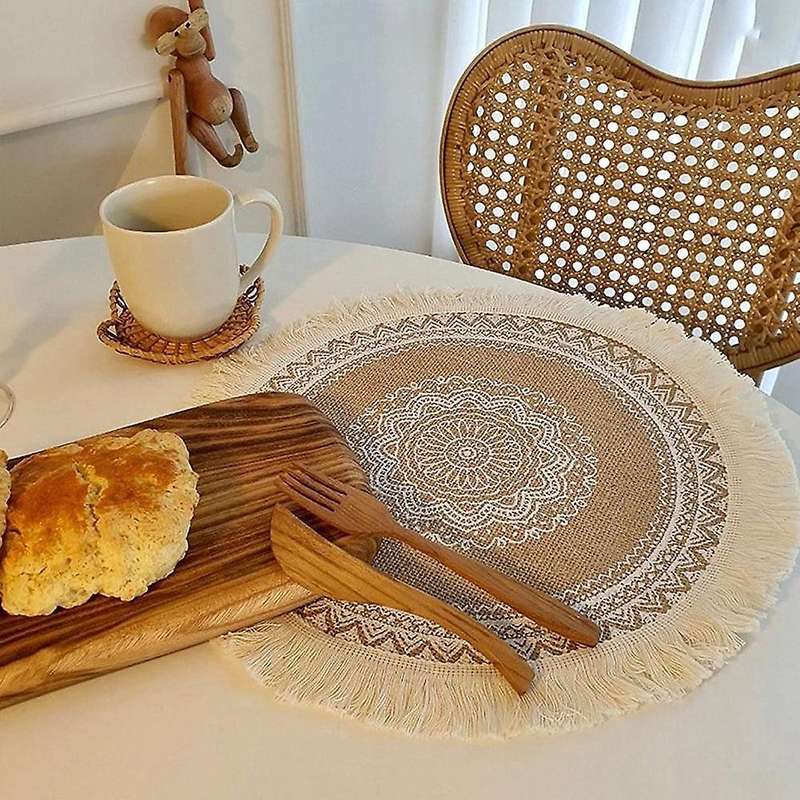 6 Pack Woven Placemats Washable Round 38 Cm Boho Cotton Placemats