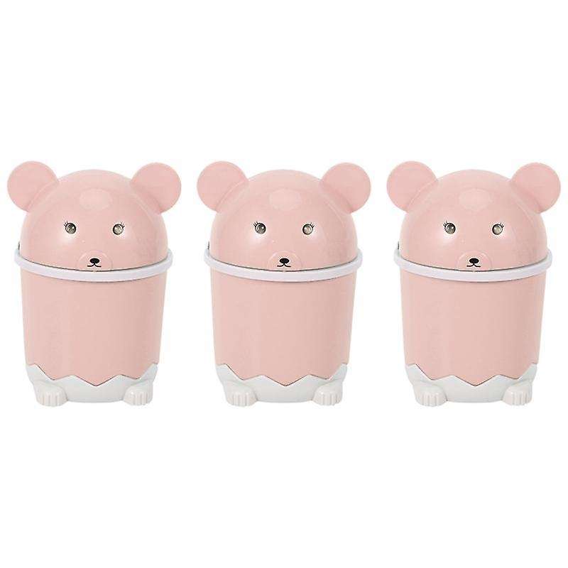 3x Trash Desktop with Lid Small Paper Basket Plastic Trash Can Pink