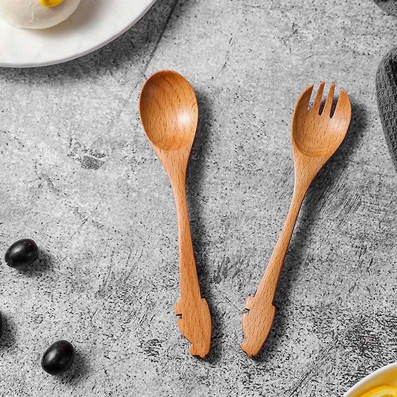 Creative Log Cartoon Cat Spoon Fork Japanese Handmade Beech Spoon
