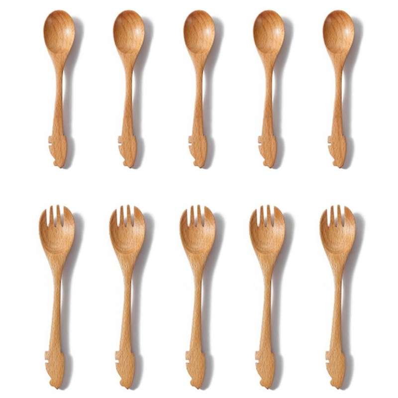 Creative Log Cartoon Cat Spoon Fork Japanese Handmade Beech Spoon