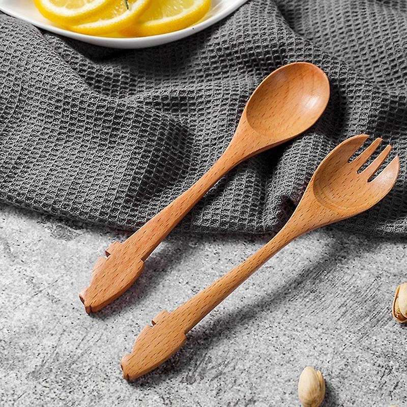 Creative Log Cartoon Cat Spoon Fork Japanese Handmade Beech Spoon