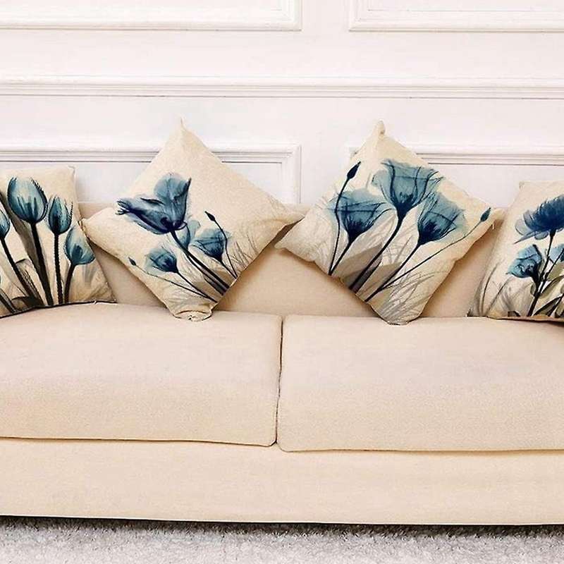 Decorative Blue Flower Linen Square Pillow Cases for Living Room