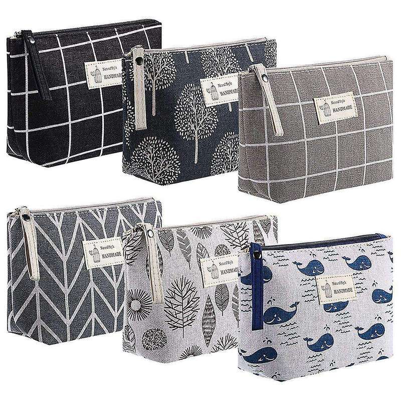 6pcs Canvas Makeup Bags Printed Cosmetic Bags for Women Girls, B