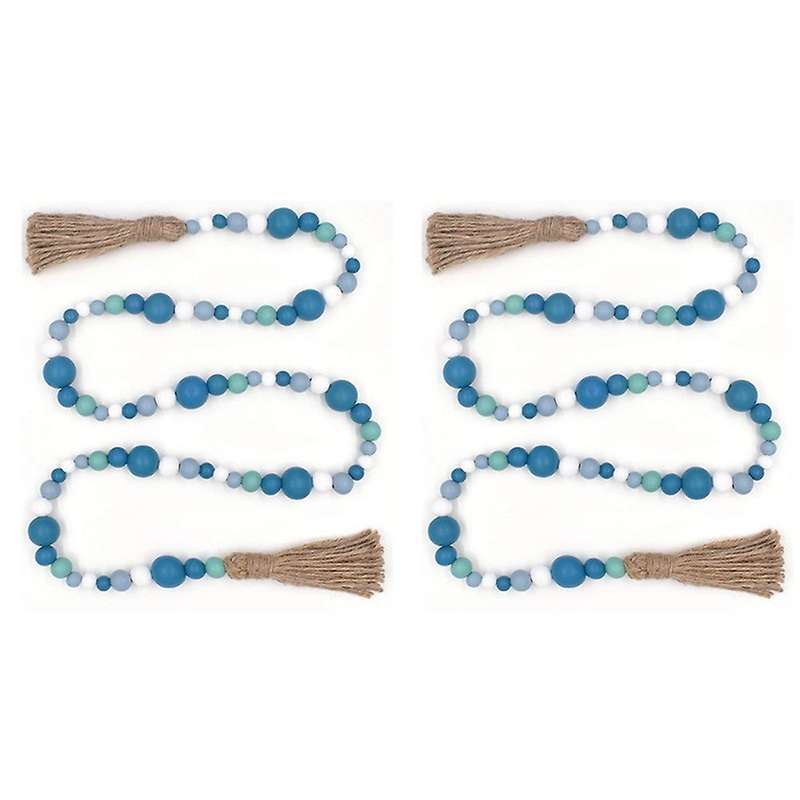 2 Pack Rustic Wooden Bead Garland with Tassel for Decor, 55in Length