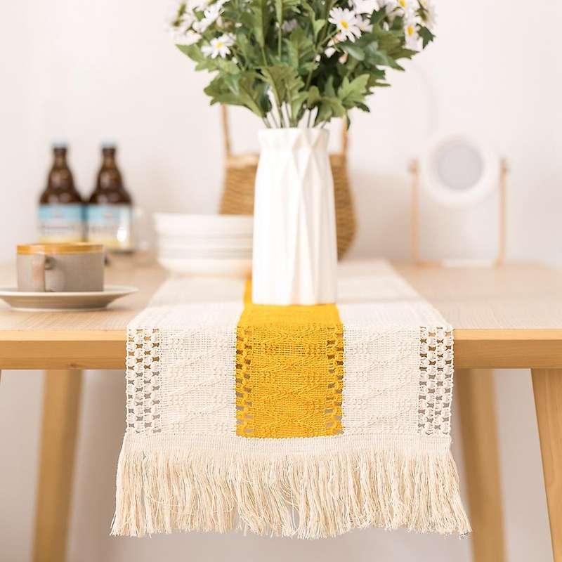 Macrame Table Runner Farmhouse , Decor Rustic Woven Cotton(yellow)