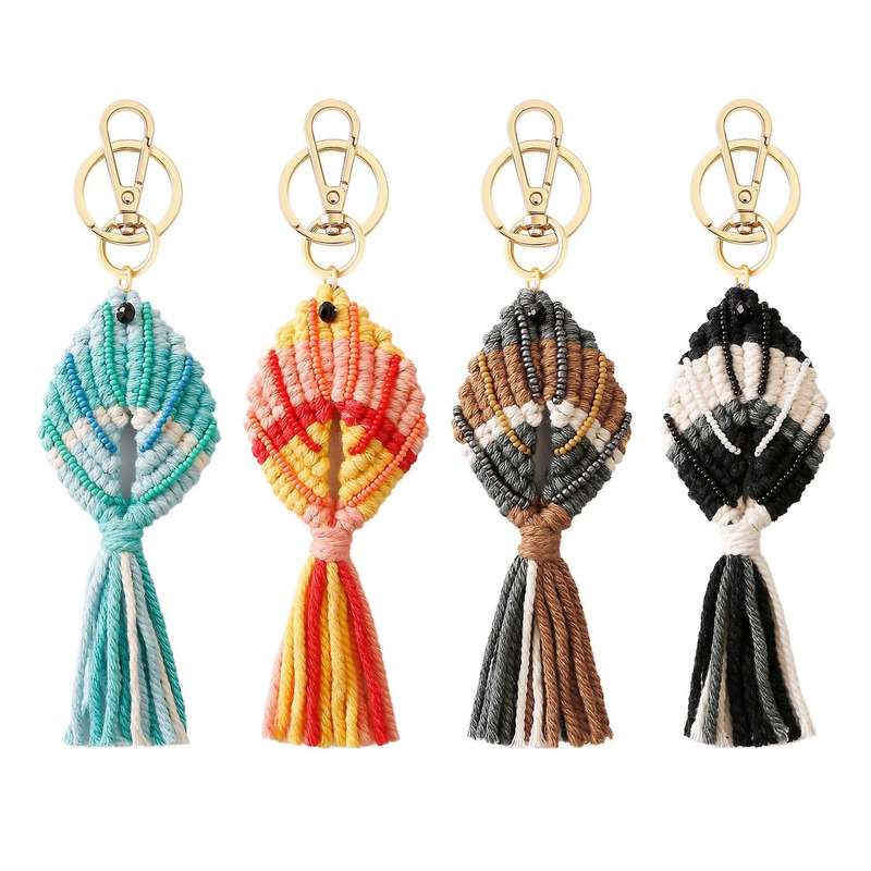 4pieces Fish Shape Macrame Tassel Keychain Handmade Mixed Seed Beaded
