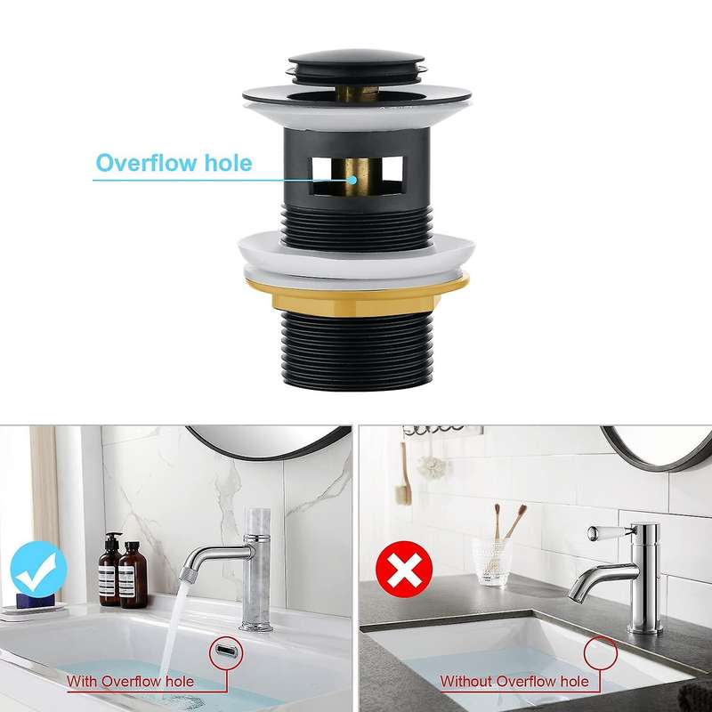 Basin Sink Waste Popup, Click Clack Sprung Plug with Overflow, Black