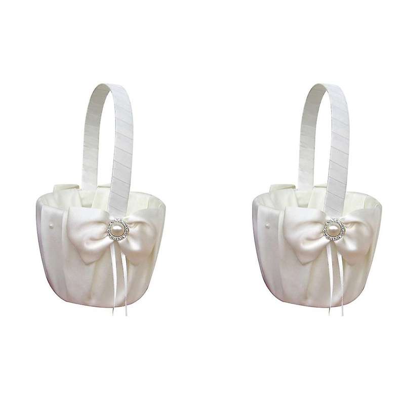 2pcs Wedding Flower Basket Romantic Satin Bowknot Pearl Flower