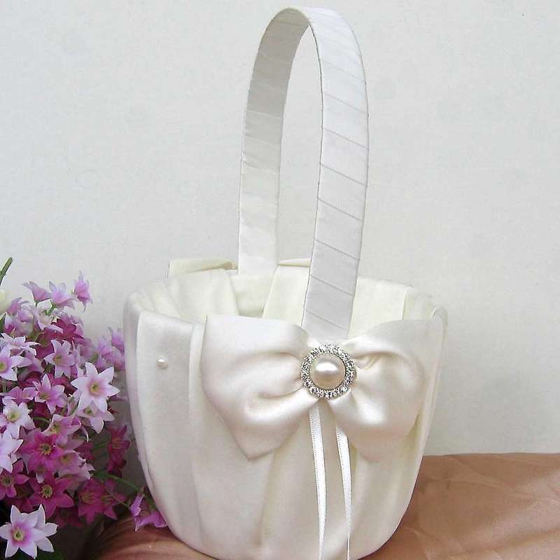 2pcs Wedding Flower Basket Romantic Satin Bowknot Pearl Flower