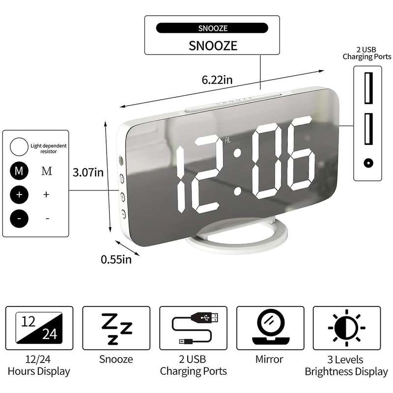 Digital Alarm Clock Large Mirrored Led Display,usb Charger, White