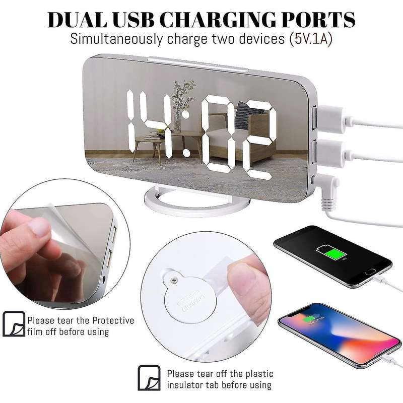 Digital Alarm Clock Large Mirrored Led Display,usb Charger, White