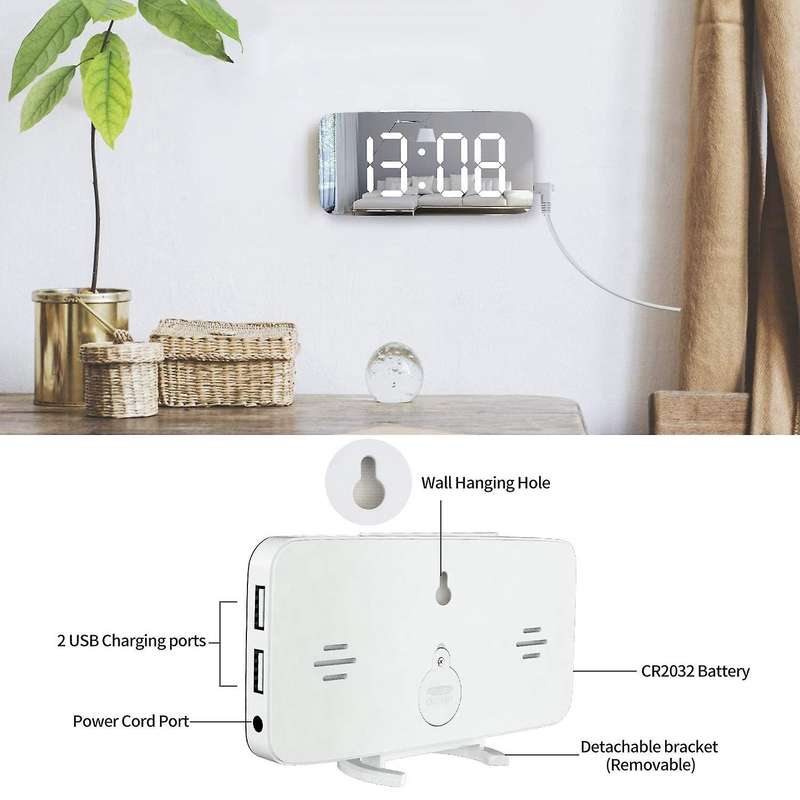 Digital Alarm Clock Large Mirrored Led Display,usb Charger, White