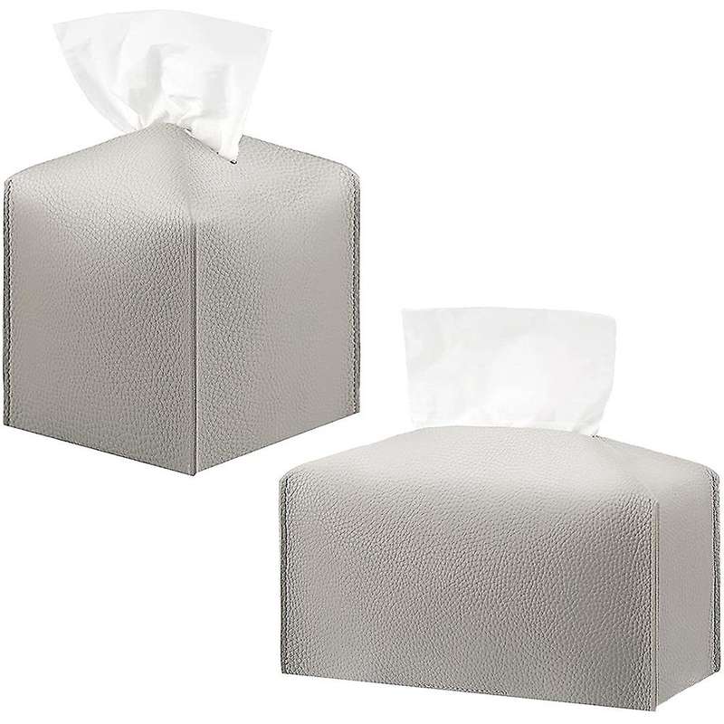 2 Pieces Pu Leather Square and Rectangle Tissue Box Light Gray