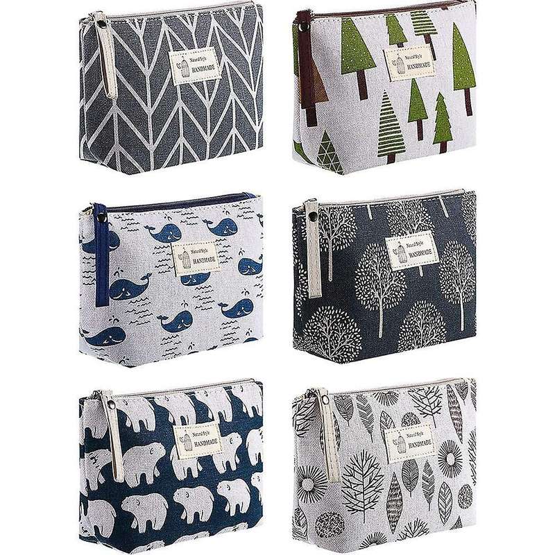 6pcs Canvas Makeup Bags Printed Cosmetic Bags for Women Girls, A