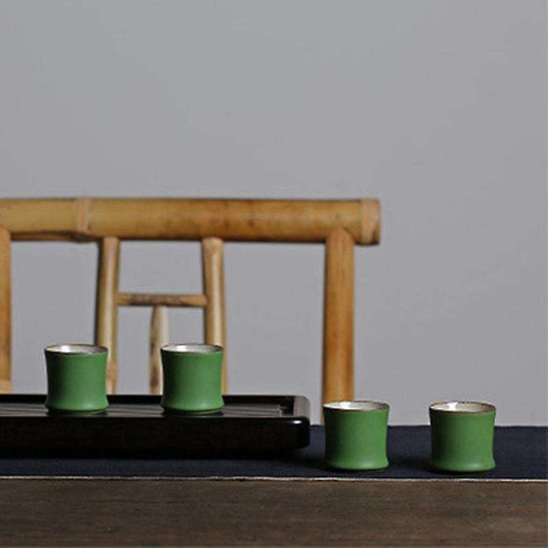 2 Pcs Ceramic Green Kung Fu Tea Cup Set Bamboo Mugs for Tea Teacup