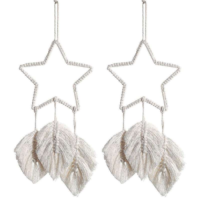 2 Pcs Macrame Wall Hanging Feather Boho Chic Handmade Woven Leaf