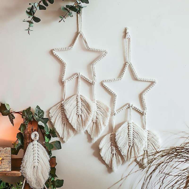 2 Pcs Macrame Wall Hanging Feather Boho Chic Handmade Woven Leaf
