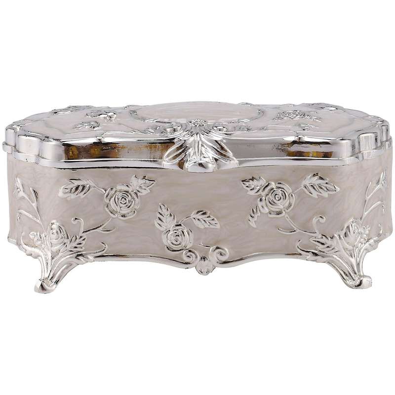 Vintage Jewellery Case White Enamel Zinc-alloy Metal Trinket Box