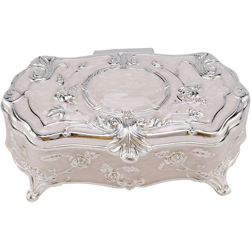 Vintage Jewellery Case White Enamel Zinc-alloy Metal Trinket Box