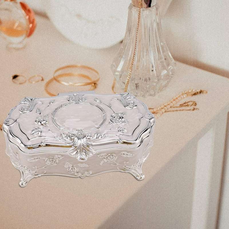 Vintage Jewellery Case White Enamel Zinc-alloy Metal Trinket Box