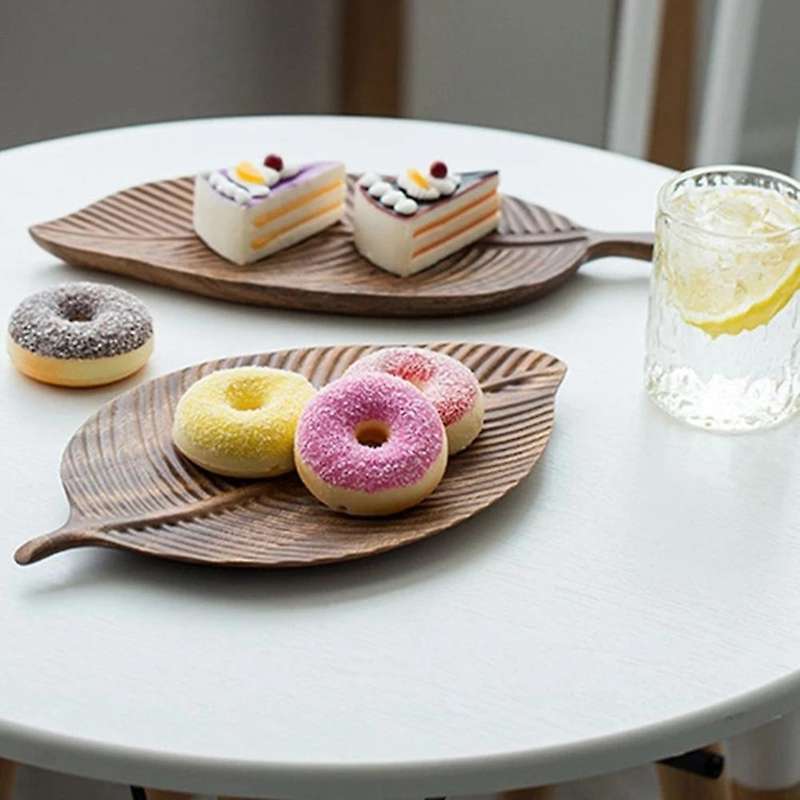 Leaf Shape Storage Fruit Tray Solid Wood Handmade Serving Dessert-s