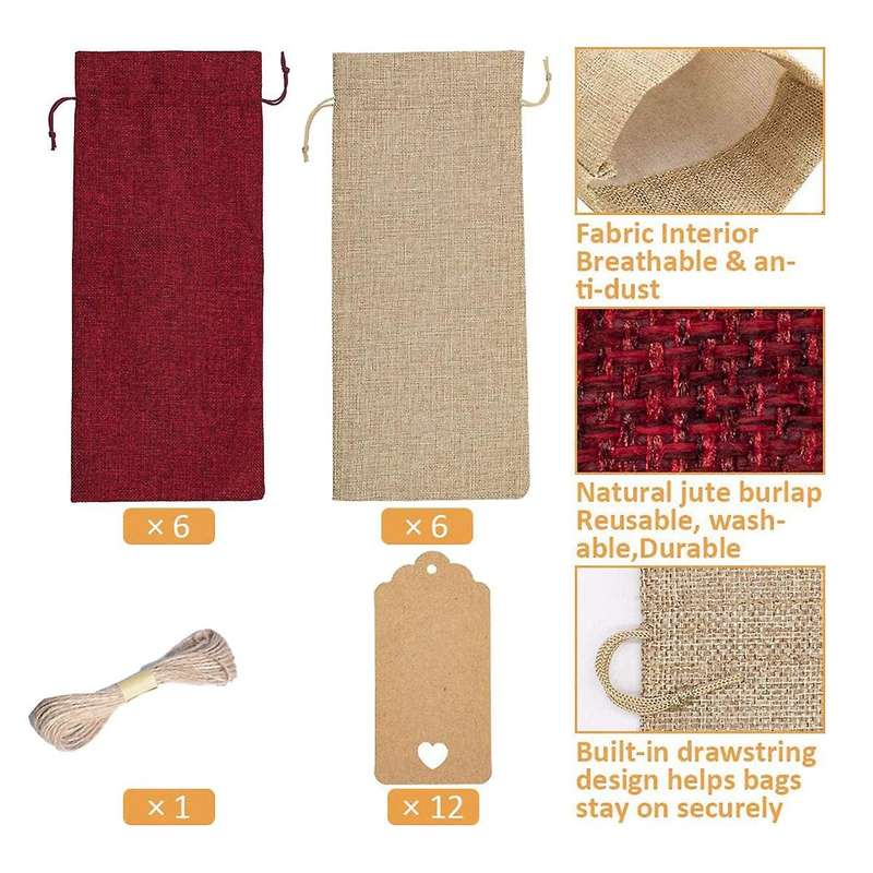 12 Pcs Burlap Wine Bags Wine Gift Bags,with Drawstrings,tags & Ropes