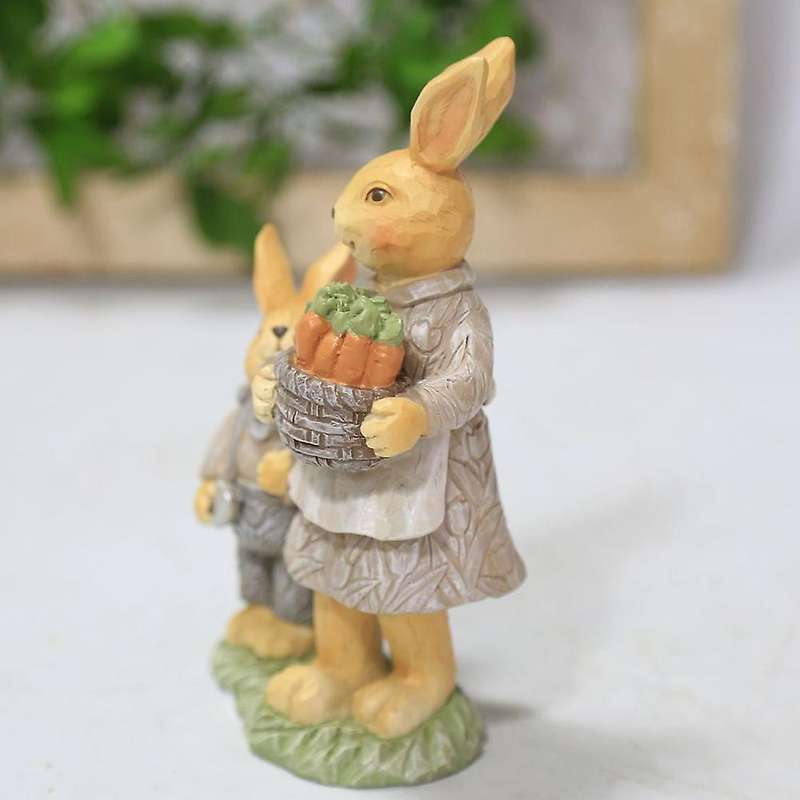 Resin Bunny Ornament with Carrot Basket Happy Easter Home Decoration