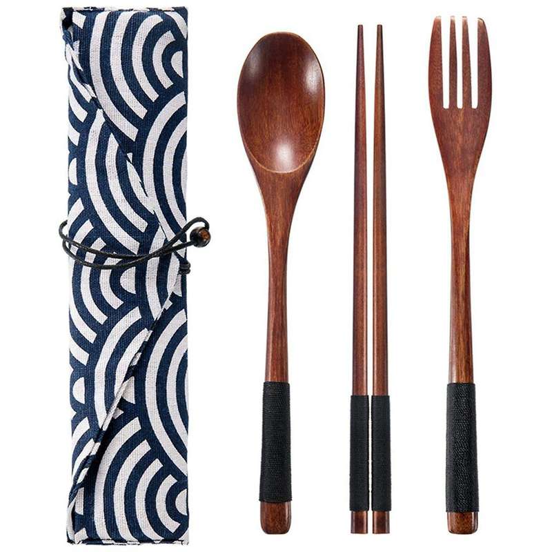 2 Set Wooden Tableware Travel Utensils Reusable,fork Spoon Chopsticks